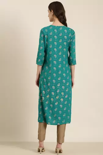 women's calf length round neck teal paisley straight kurta