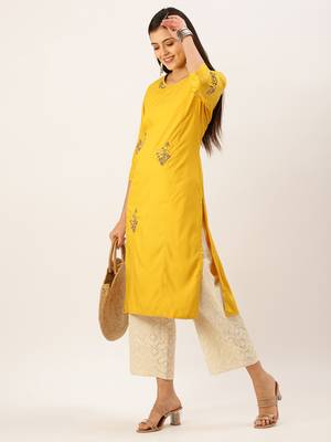 women's calf length round neck mustard solid straight kurta 5