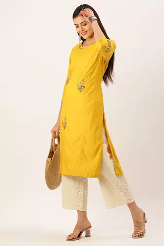 women's calf length round neck mustard solid straight kurta