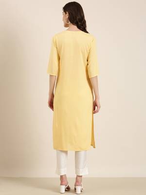 women's calf length round neck yellow solid straight kurta 5