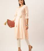 women's calf length round neck peach solid straight kurta