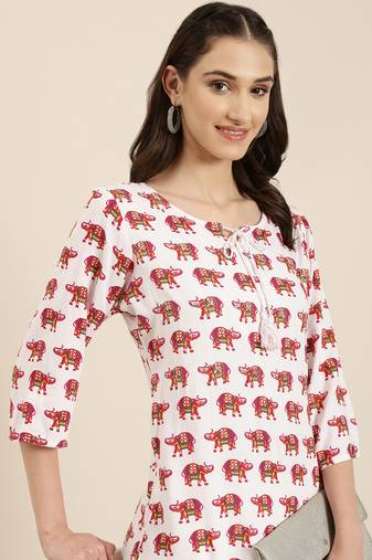 women's calf length tie-up neck white animal straight kurta
