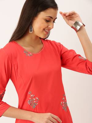 women's calf length round neck red solid straight kurta 1