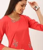 women's calf length round neck red solid straight kurta