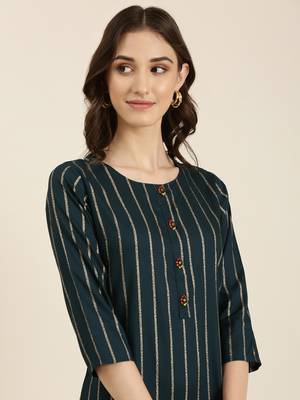 women's calf length round neck teal striped straight kurta 1