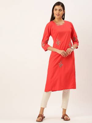 women's calf length round neck red solid straight kurta 2