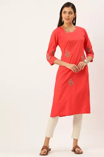 women's calf length round neck red solid straight kurta