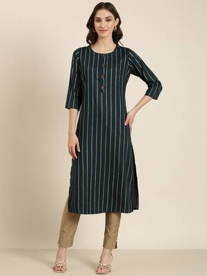 women's calf length round neck teal striped straight kurta 2