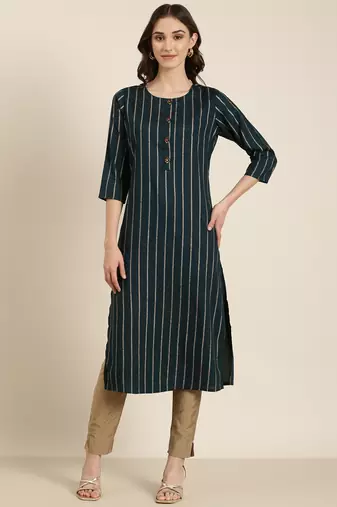 women's calf length round neck teal striped straight kurta