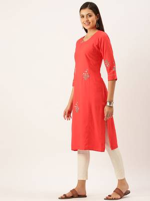 women's calf length round neck red solid straight kurta 3
