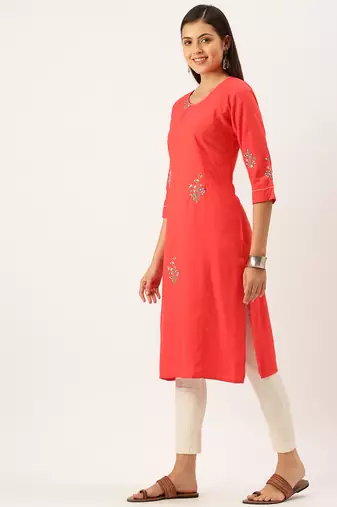 women's calf length round neck red solid straight kurta