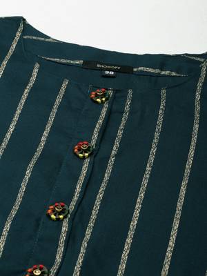 women's calf length round neck teal striped straight kurta 3