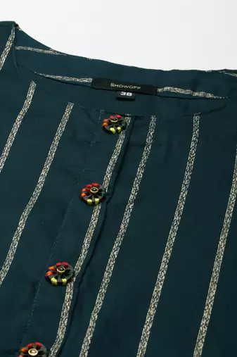women's calf length round neck teal striped straight kurta