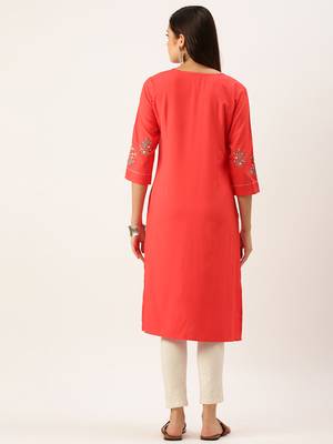 women's calf length round neck red solid straight kurta 4