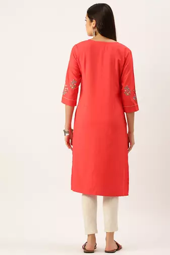 women's calf length round neck red solid straight kurta