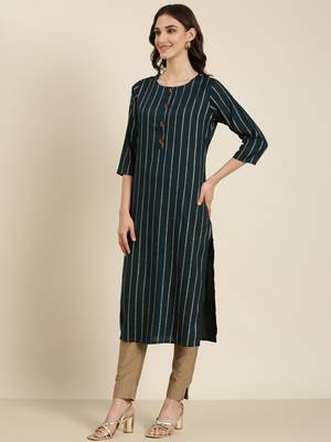 women's calf length round neck teal striped straight kurta 4
