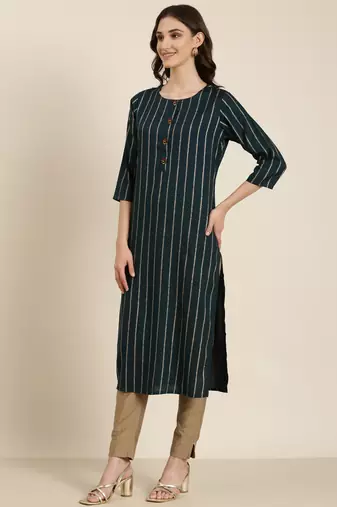 women's calf length round neck teal striped straight kurta