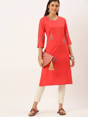 women's calf length round neck red solid straight kurta 5