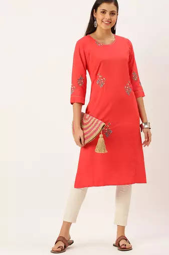 women's calf length round neck red solid straight kurta