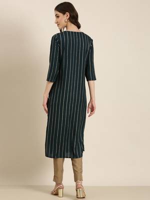 women's calf length round neck teal striped straight kurta 5