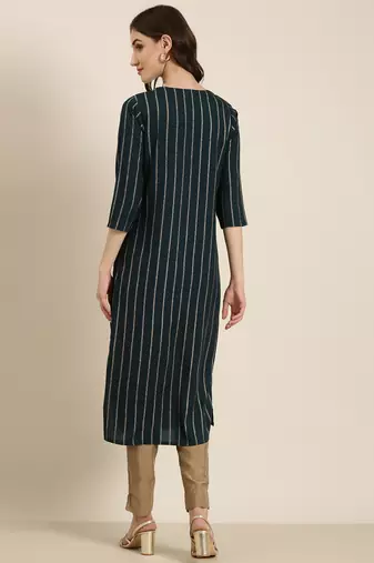 women's calf length round neck teal striped straight kurta