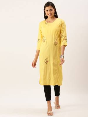 women's calf length round neck yellow solid straight kurta 2