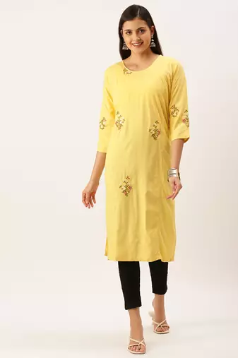 women's calf length round neck yellow solid straight kurta