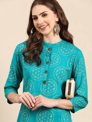 women's calf length mandarin collar turquoise blue tribal straight kurta 1