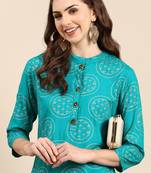 women's calf length mandarin collar turquoise blue tribal straight kurta