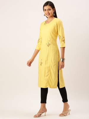 women's calf length round neck yellow solid straight kurta 3