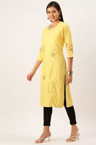 women's calf length round neck yellow solid straight kurta