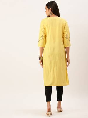 women's calf length round neck yellow solid straight kurta 4