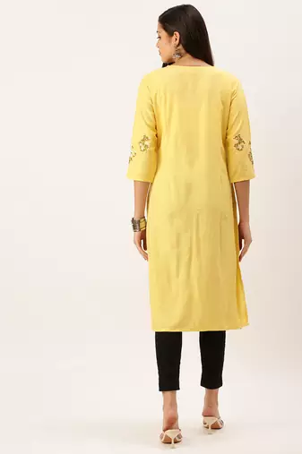 women's calf length round neck yellow solid straight kurta