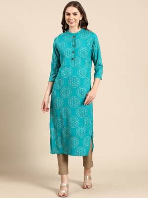 women's calf length mandarin collar turquoise blue tribal straight kurta 2