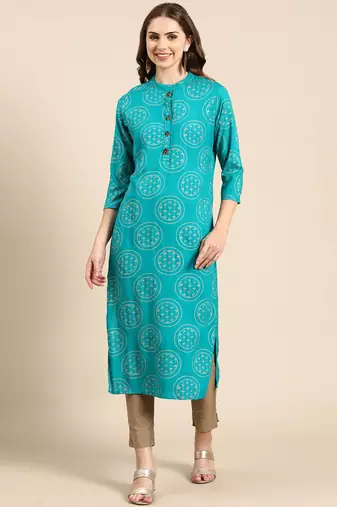 women's calf length mandarin collar turquoise blue tribal straight kurta