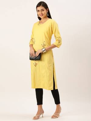 women's calf length round neck yellow solid straight kurta 5