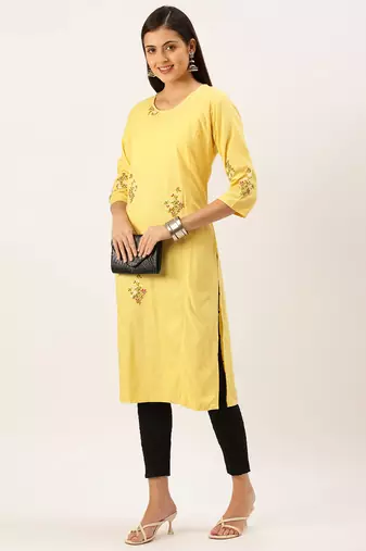 women's calf length round neck yellow solid straight kurta