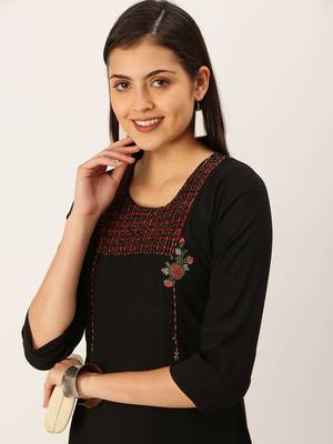 women's calf length round neck black solid straight kurta 1