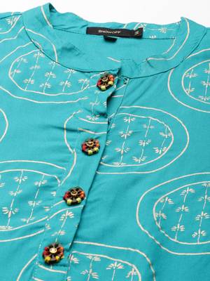 women's calf length mandarin collar turquoise blue tribal straight kurta 3
