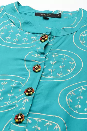 women's calf length mandarin collar turquoise blue tribal straight kurta