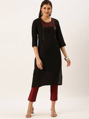 women's calf length round neck black solid straight kurta 2