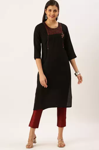 women's calf length round neck black solid straight kurta