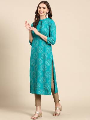 women's calf length mandarin collar turquoise blue tribal straight kurta 4
