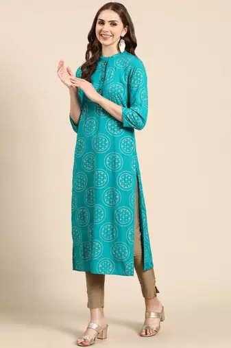 women's calf length mandarin collar turquoise blue tribal straight kurta
