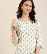 Showoff women's calf length tie-up neck cream paisley straight kurta