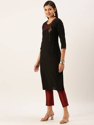 women's calf length round neck black solid straight kurta 3