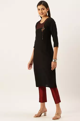 women's calf length round neck black solid straight kurta