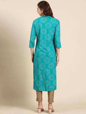 women's calf length mandarin collar turquoise blue tribal straight kurta 5