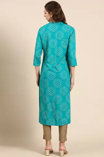 women's calf length mandarin collar turquoise blue tribal straight kurta