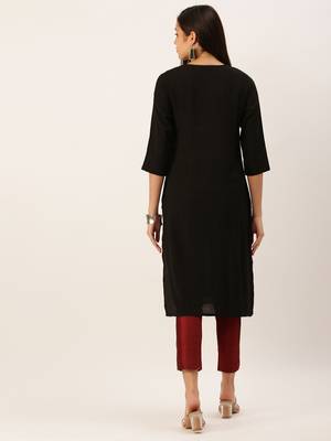 women's calf length round neck black solid straight kurta 4